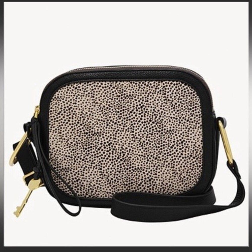 Fossil Elle Crossbody Bag Black with White Cheetah Print Cow Hide